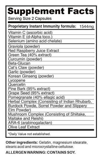 Instant Immunity Nutritional Label - the immune boosting supplement with quercetin