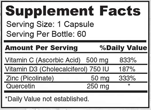 Medicove Immune Ingredient Label with Quercetin, Zinc, Vitamin C and D