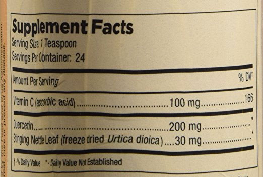 Ingredient Label of Mt Angel Liquid Quercetin Supplement
